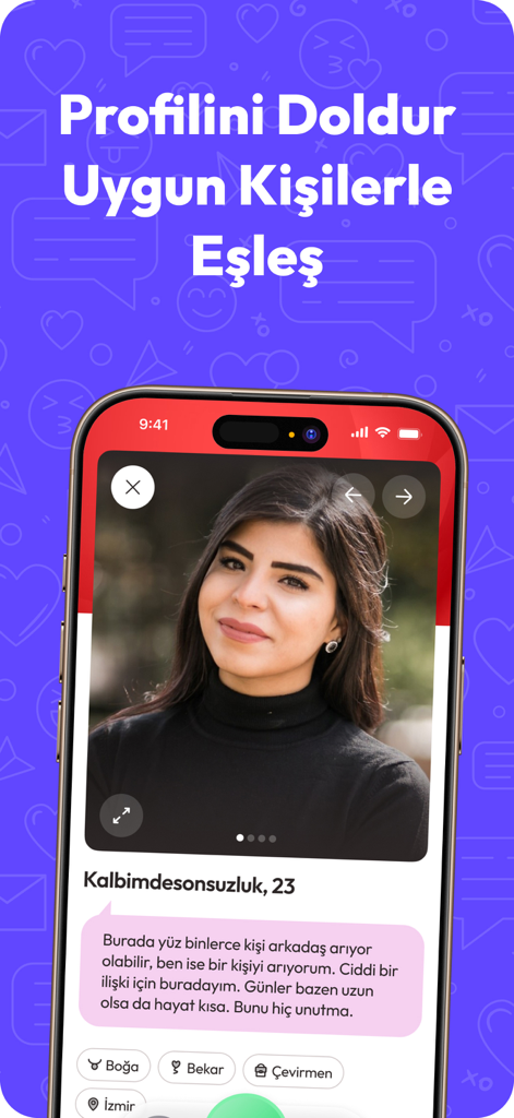Siberalem: Arkadaşlık & Sohbet - Siberalem dating app profile interface showing a user match and personal details