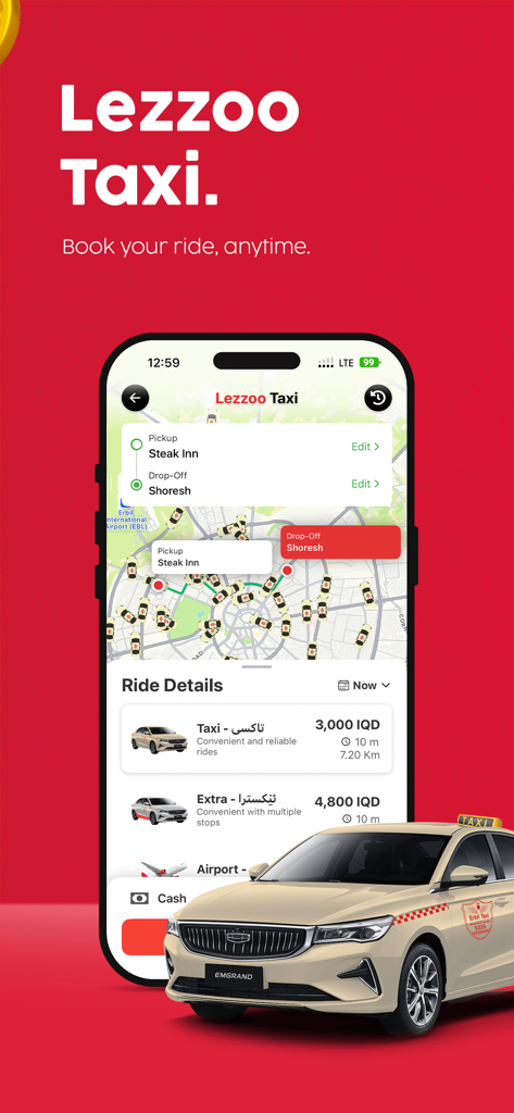 Lezzoo:Food & Grocery Delivery - Lezzoo Taxi app interface for booking rides showing various car options and pricing