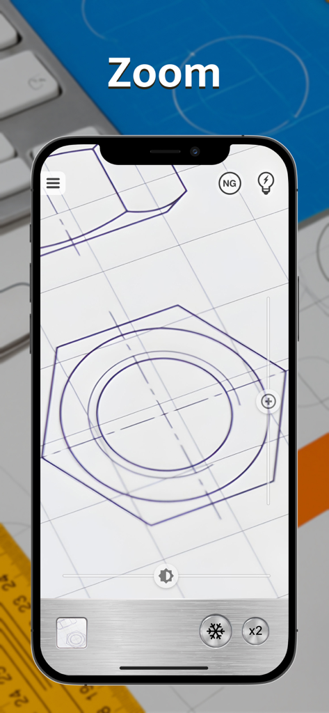iPhone screen using Magnifying Glass app to zoom in on a technical drawing of a nut