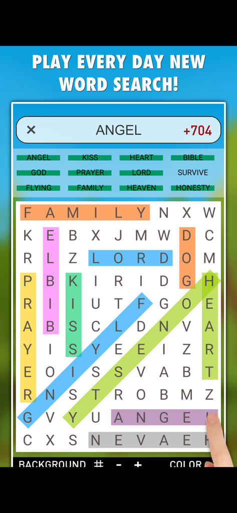 Word Search Daily PRO - A colorful word search puzzle grid in the Word Search Daily PRO app showing highlighted words