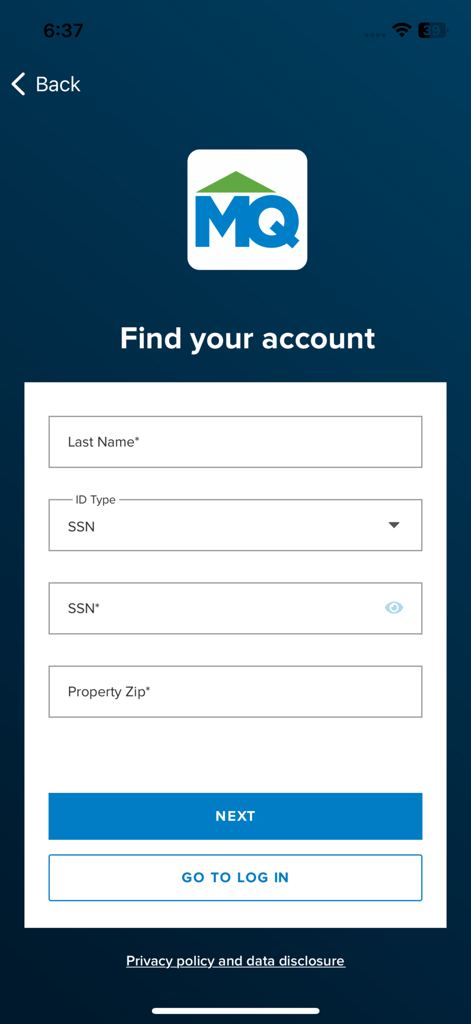 Account lookup screen for the MortgageQuestions app requiring last name, SSN, and property zip code.