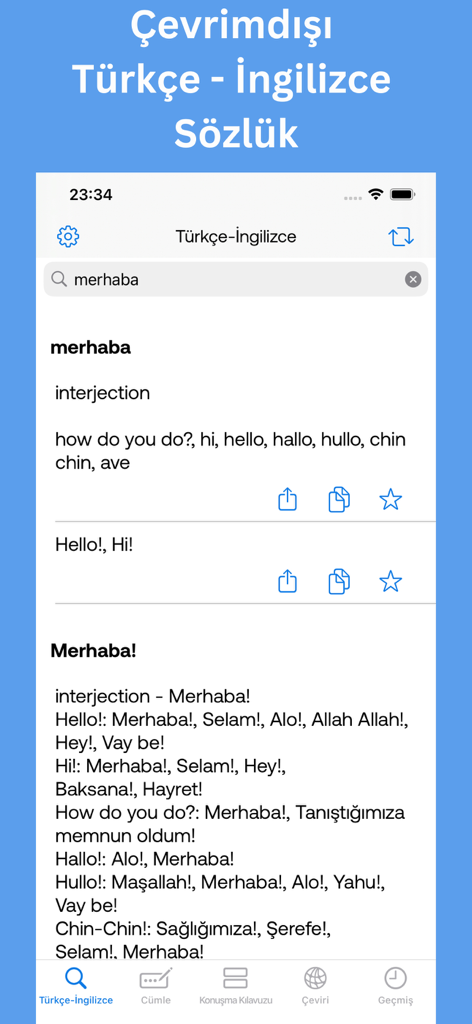 Turkish English Dictionary! - Turkish English Dictionary app interface showing the translation for the word merhaba
