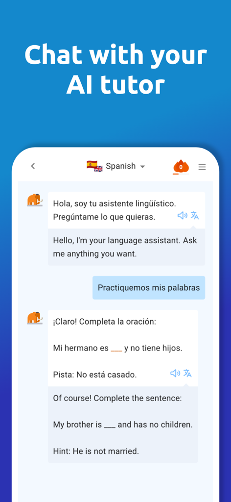 DuoCards: Language Learning - 스페인어 연습을 위한 AI 튜터와 채팅하는 DuoCards 모바일 앱 인터페이스