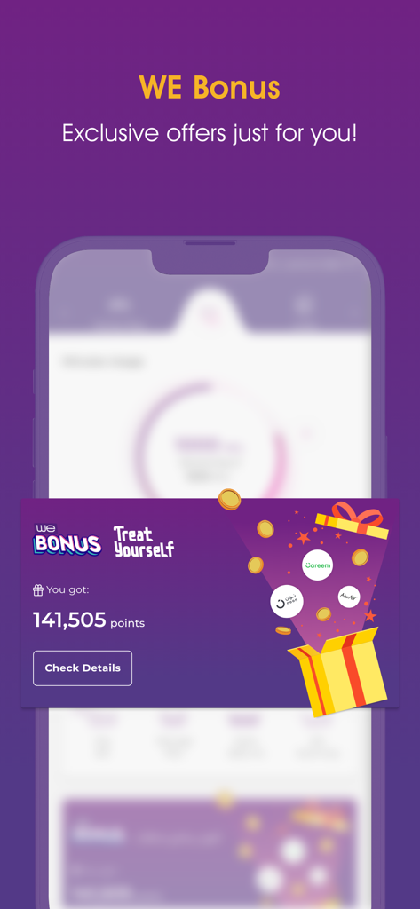 A promotional screen from the My WE app titled WE Bonus showing exclusive offers and a points balance.
