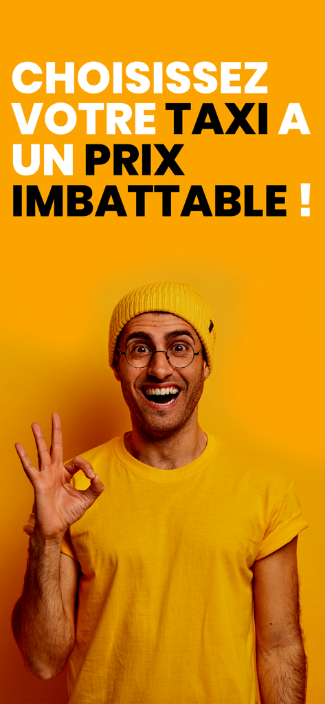 E-Wassalni - 笑顔の男性が黄色い背景にOKサインをしており、E-Wassalniアプリのタクシー料金プロモーションに関するフランス語のテキストが表示されています。
