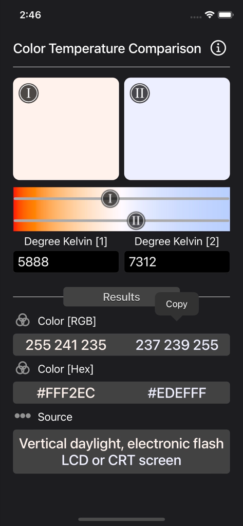Interface do aplicativo Comparação de Temperatura de Cor mostrando uma comparação lado a lado de valores Kelvin com resultados RGB e HEX.