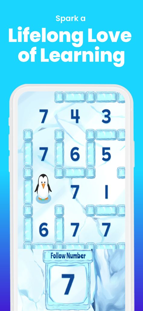 ABCmouse math game for kids showing a penguin in an ice maze following the number seven