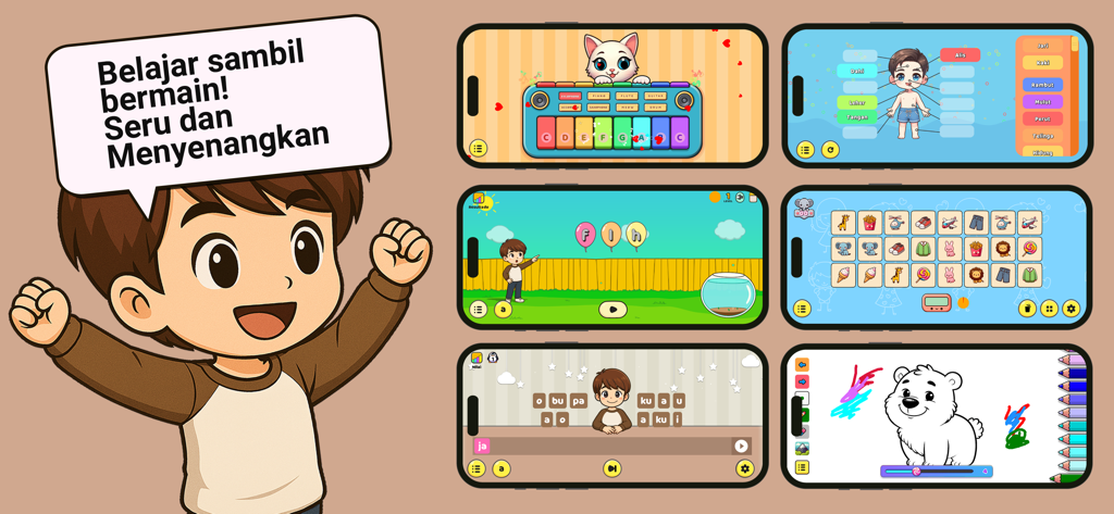 Pintar Yuk! - PAUD, TK & SD - Capturas de tela do aplicativo Pintar Yuk mostrando atividades educacionais para alunos pré-escolares e do ensino fundamental