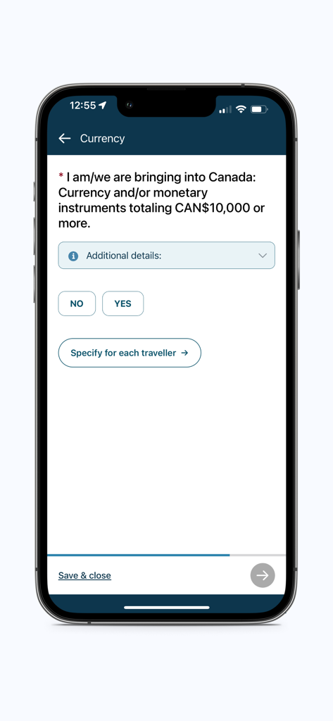 ArriveCAN app currency declaration screen asking if the traveler is bringing ten thousand Canadian dollars or more.