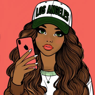 realistic beautiful girl wearing los ángeles cap holding an iphone