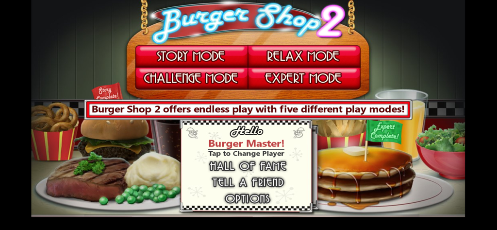 Burger Shop 2 main menu screen showing game modes and various food dishes