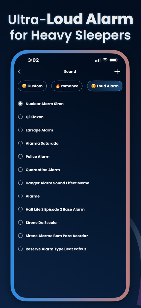 Alarm Clock Svegliare - Svegliare app screen showing a list of ultra-loud alarm sound options for heavy sleepers.