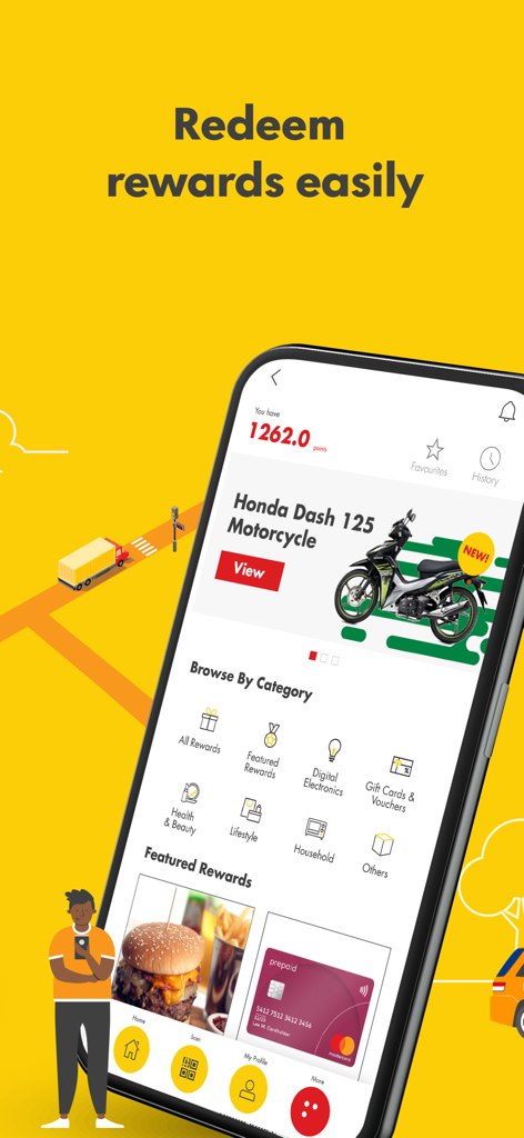 A mobile interface of the Shell SHARE app showing available rewards such as electronics and gift cards alongside a points balance.