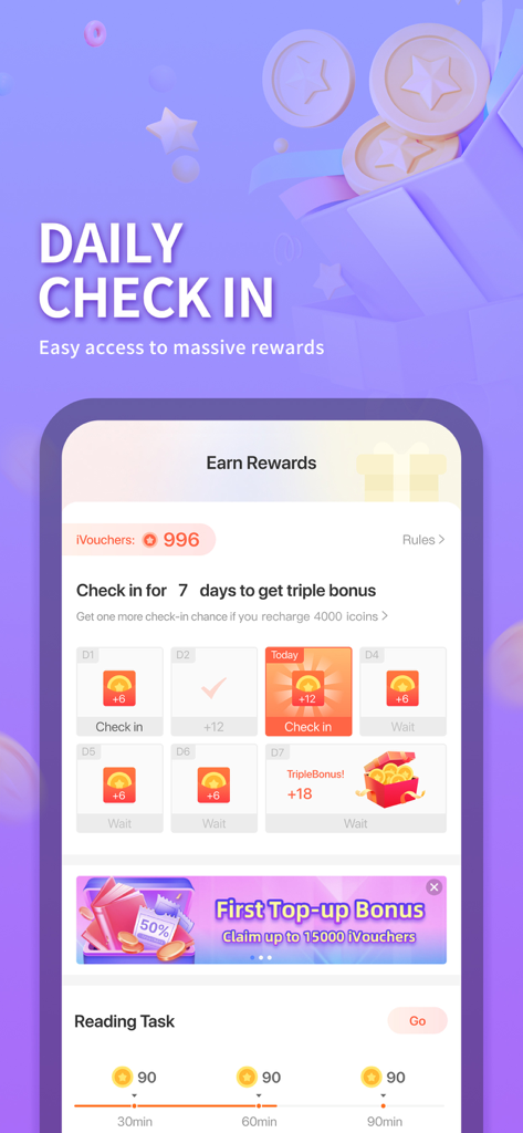 Daily check in screen for the Storyaholic app showing rewards and vouchers