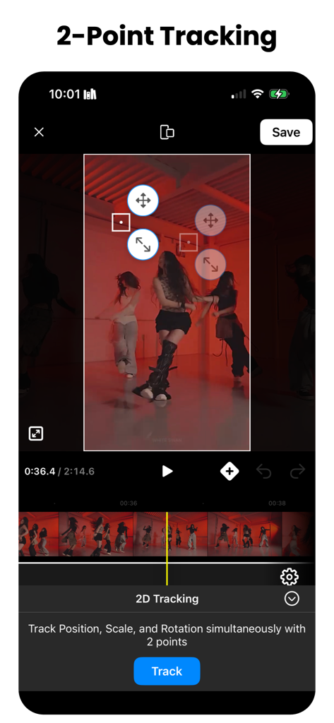 Interfaz de la aplicación Motion Track que muestra el rastreo de 2 puntos en un video de baile para ajustar la posición, escala y rotación.