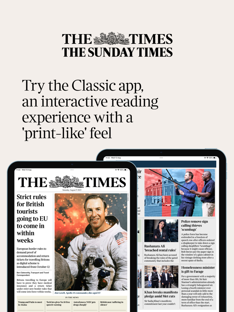 The Times and The Sunday Times - Dos iPads mostrando la edición diaria digital de The Times y The Sunday Times con un diseño de periódico similar a la impresión.
