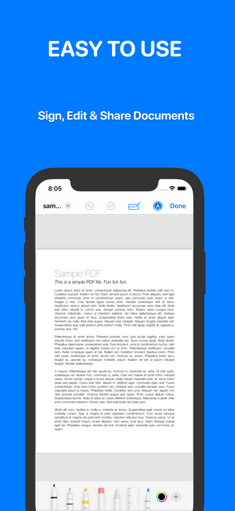 Sign Now: Scan & Sign PDF - A mobile phone displaying a PDF document being edited with digital tools in the Sign Now app