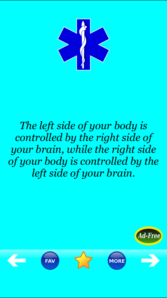 Une capture d'écran de l'application Faits médicaux amusants montrant un texte d'anecdote sur la façon dont le cerveau contrôle les côtés opposés du corps.