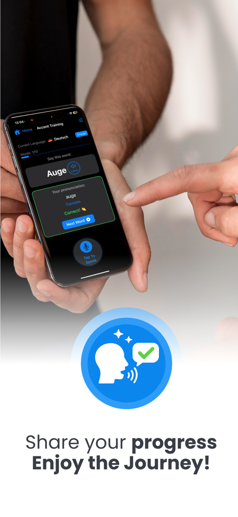 Accent Training - Vocabulary - A person using a smartphone to practice pronunciation with instant feedback in the Accent Training app