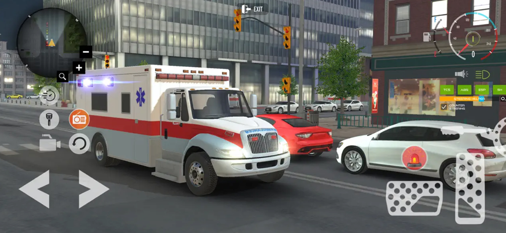 Ambulance Game Car Driving Sim - 救急車がリアルなコントロールとインターフェースで街の交通を運転している様子を示すゲームプレイのスクリーンショット