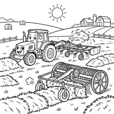 Get ready for a farm adventure with our exciting coloring page featuring cheerful hay rakes and tedders! This delightful scene is perfect for young artists to explore farm life and machinery.