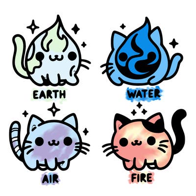 4 cats that represent the different elements, earth, water, air, and fire
