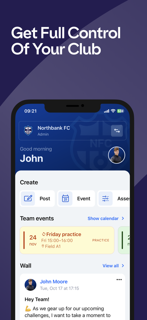 360Player mobile app dashboard for sports club management showing team events and communications