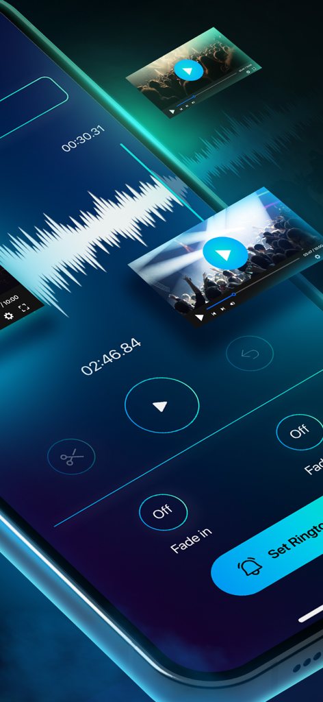 Garage Ringtones app interface showing audio waveform editing tools and video to ringtone features