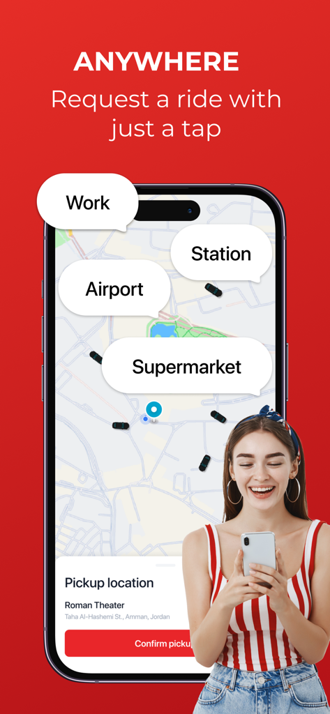 GOJO - Rides, Taxi & More - Una mujer usando la aplicación GOJO para reservar un viaje en taxi en Amán, Jordania