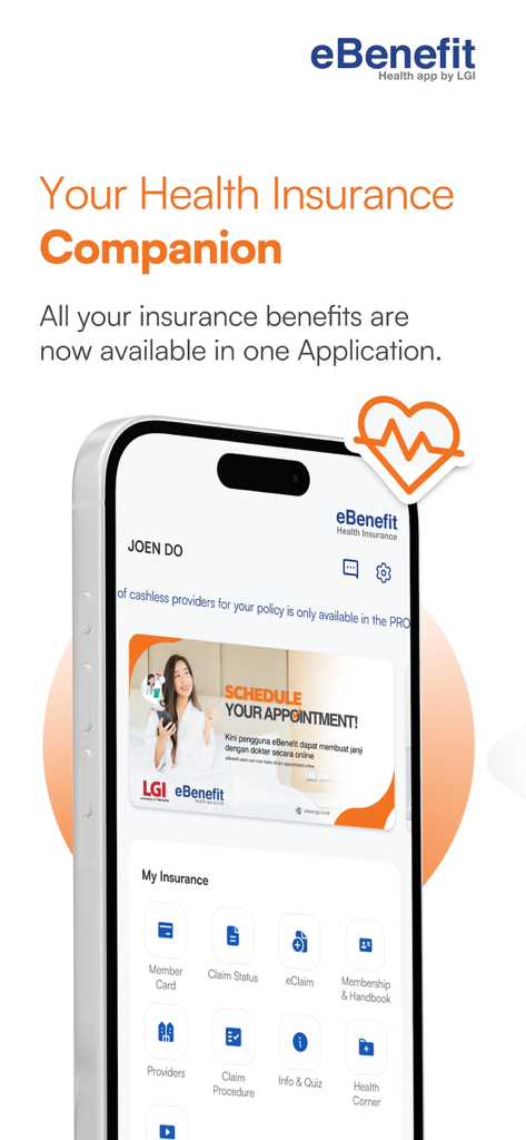 eBenefit mobile app interface showing health insurance features and digital claims management