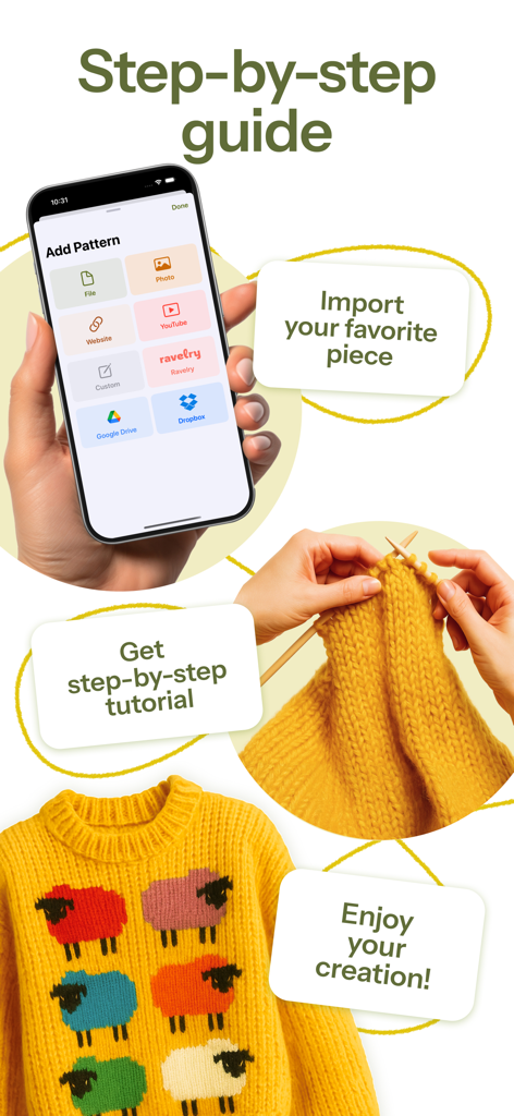 Loopsy - Crochet & Knitting - Loopsy App-Oberfläche, die Optionen zum Importieren von Mustern und eine Schritt-für-Schritt-Strick-Anleitung für einen Pullover zeigt.