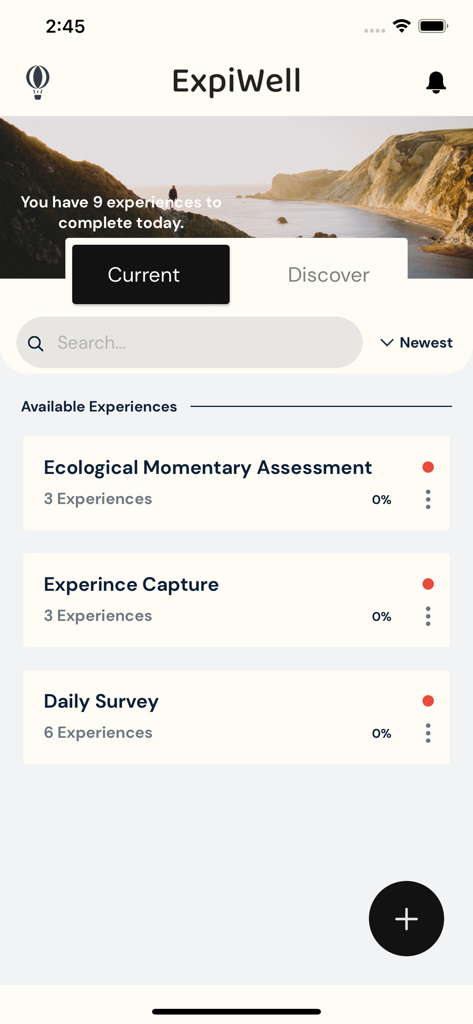 ExpiWell - ExpiWell app dashboard showing available research experiences and daily surveys