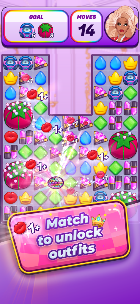 RuPaul's Drag Race Match Queen - Gameplay screenshot of RuPaul Drag Race Match Queen showing a match three puzzle to unlock outfits