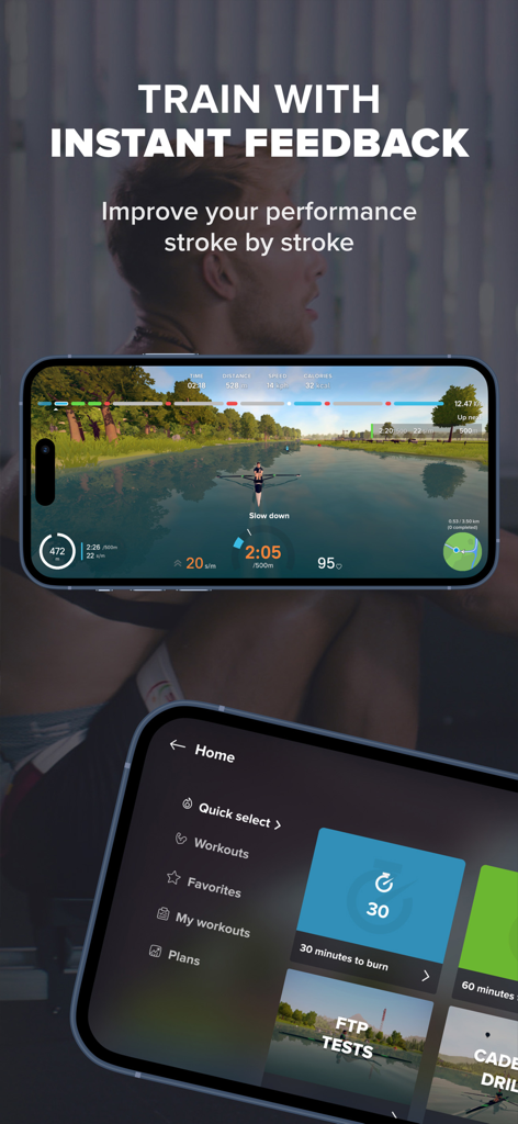 EXR | Virtual indoor rowing - Smartphone screens displaying the EXR virtual indoor rowing app with real-time performance stats and workout menus