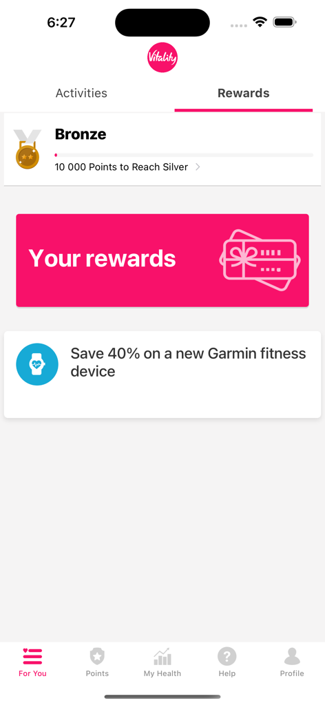 Écran des récompenses de l'application Vitality Africa montrant la progression du statut bronze et une offre de réduction de 40 % sur Garmin
