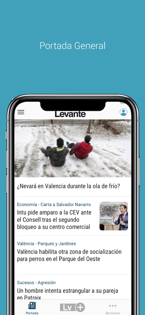 Levante-emv app interface showing the main news page with local Valencia headlines