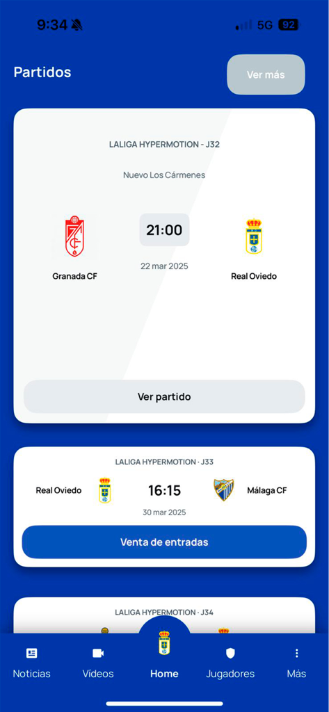 Real Oviedo - Official App - App oficial del Real Oviedo mostrando los próximos calendarios de partidos y opciones de entradas para los partidos de LaLiga Hypermotion.