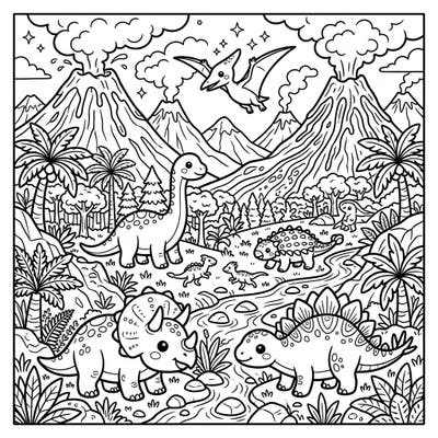 Journey back in time with this adorable Kawaii dinosaur coloring page, featuring a lively prehistoric scene filled with friendly ancient creatures. Unleash your creativity as you bring vibrant life to volcanoes, lush foliage, and a variety of cute dinos.