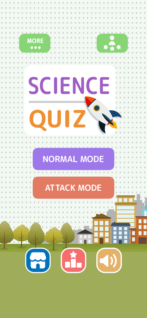 Science Quiz - Game - 과학 퀴즈 게임 앱의 메인 메뉴, 일반 모드 및 공격 모드 버튼 및 로켓 아이콘 포함