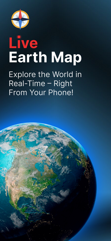Globe 3D Earth: World Map Live - A 3D rendering of planet Earth with a compass icon and text describing the Live Earth Map app