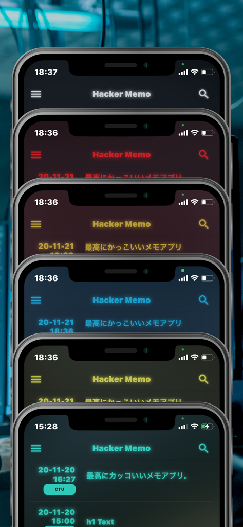 A stack of smartphone screens displaying the Hacker Note app in various glowing color themes including red, yellow, blue, and green.