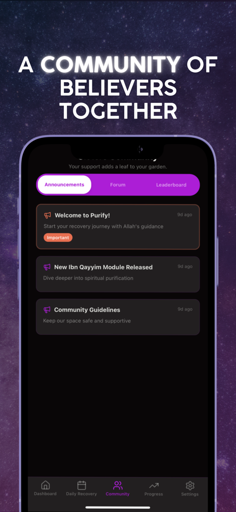 Purify app community section displaying announcements for spiritual recovery and purification modules