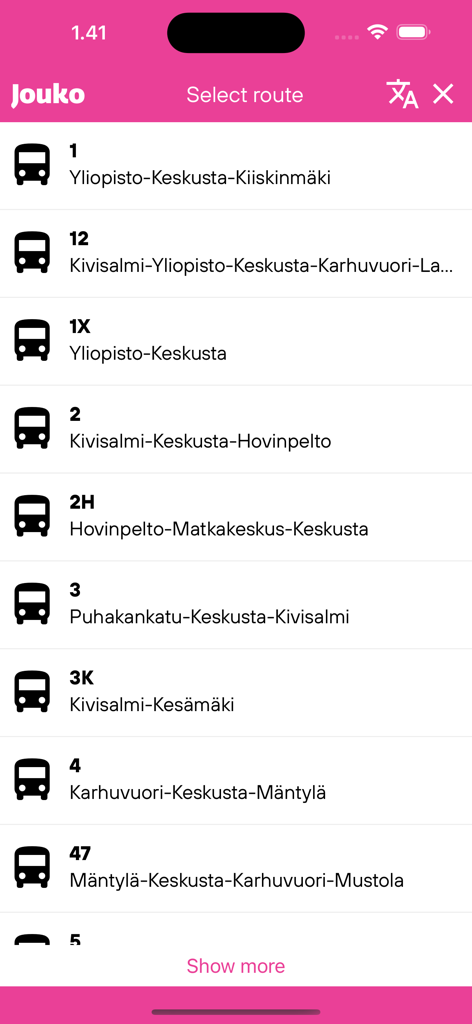 Jouko - A list of bus routes and destinations in the Jouko mobile app for Lappeenranta transit.