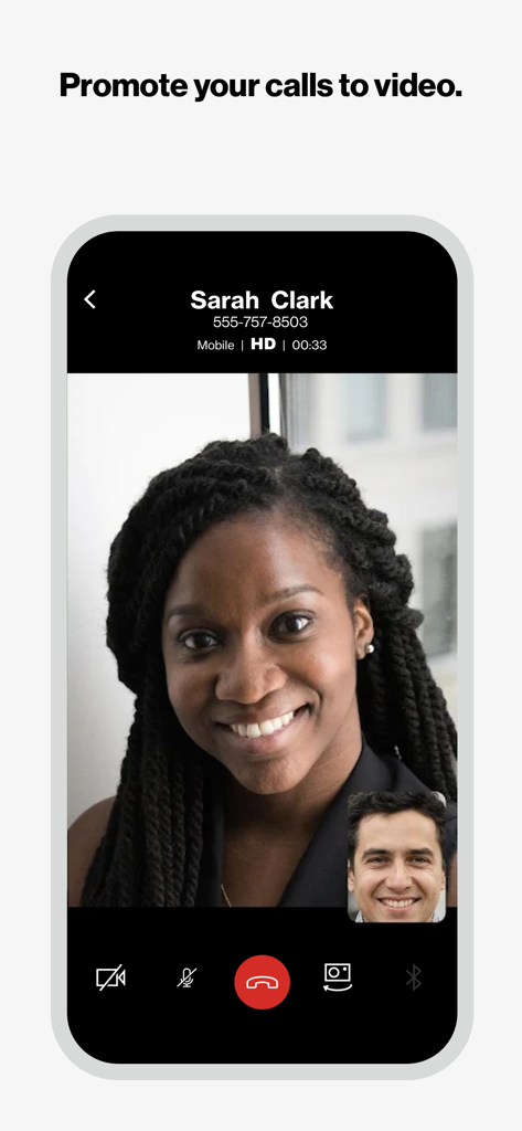 Verizon One Talk - Smartphone screen displaying a high-definition video call with the Verizon One Talk app interface.