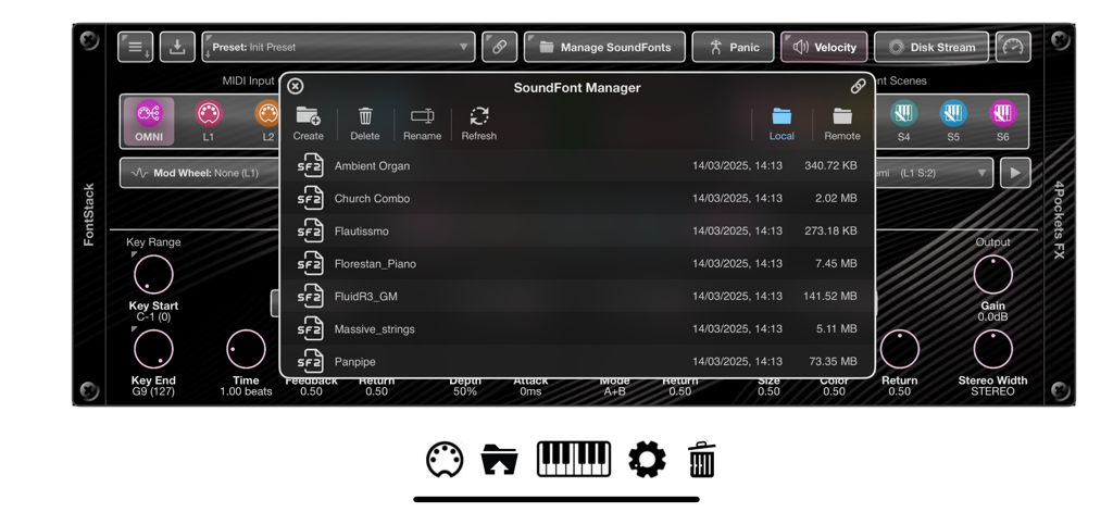 FontStack - Interface of the FontStack app showing the SoundFont Manager window with a list of SF2 sound files