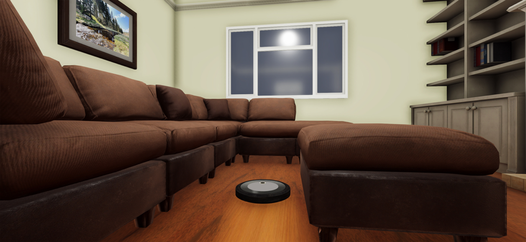 Robot Room Cleaner - A black robot vacuum cleaner navigating a wooden floor in a modern living room