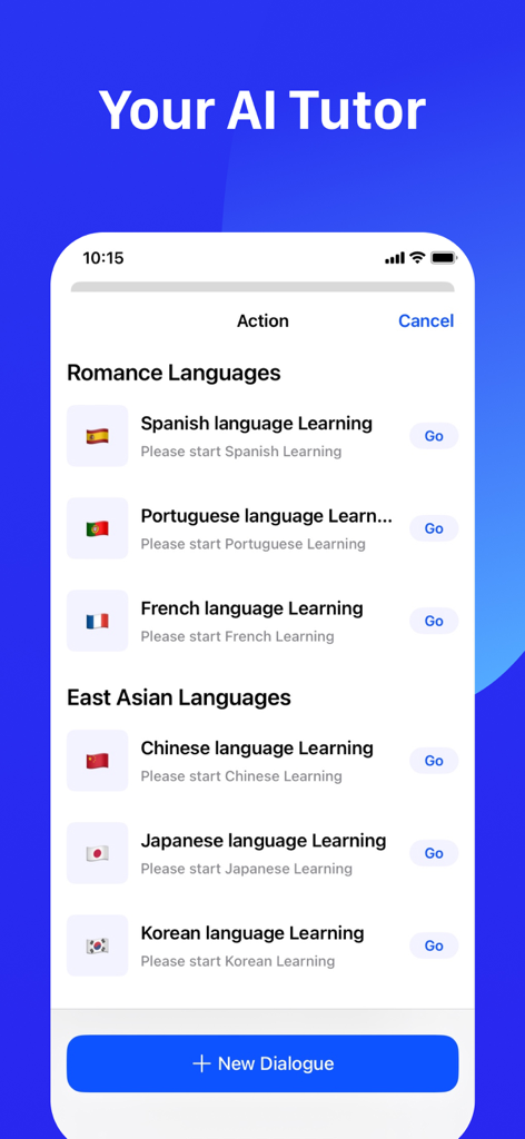 AI Tutor screen showing language learning options for Spanish French Chinese and Japanese