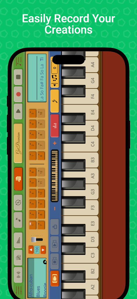Professional Melodica - Interface of the Professional Melodica app showing a vertical keyboard and recording controls
