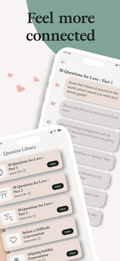 Coral: Couples & Relationship - Coral app interface showing relationship question library and conversation starters for couples