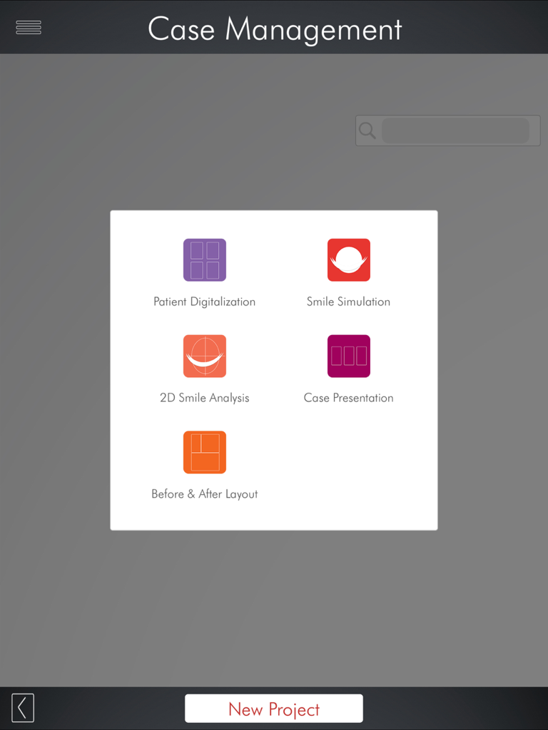 DSD App - Case Management menu in the DSD App featuring smile simulation and analysis tools